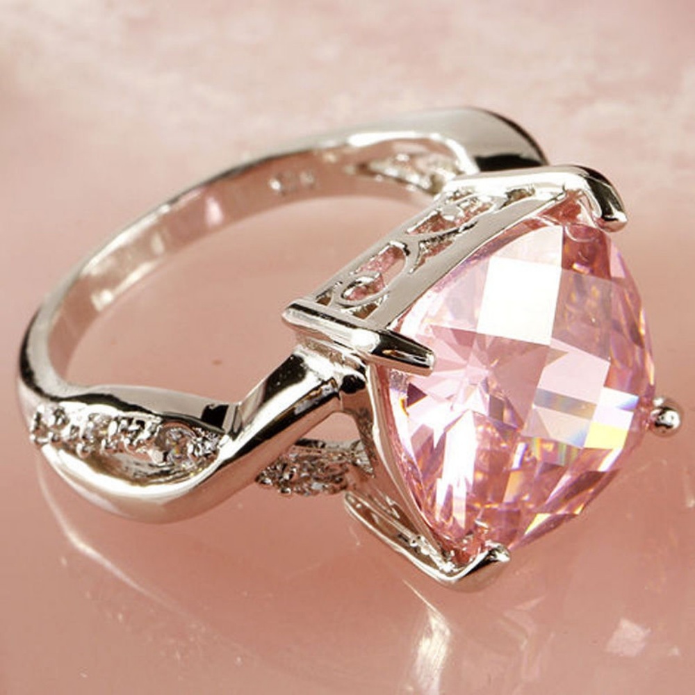 Silver Plated Pink Zircon Crystal Rhinestones Ring